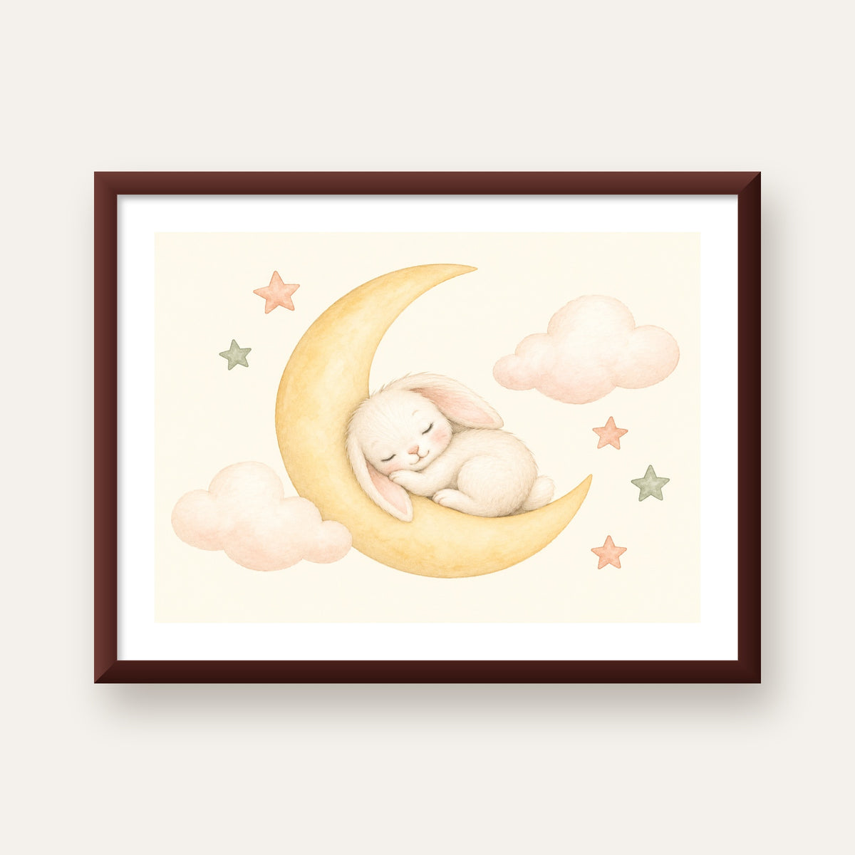 Uyuyan Tavşan ve Hilal Ay Suluboya Poster – Pastel Bebek Odası — ceviz çerçeveli paspartulu