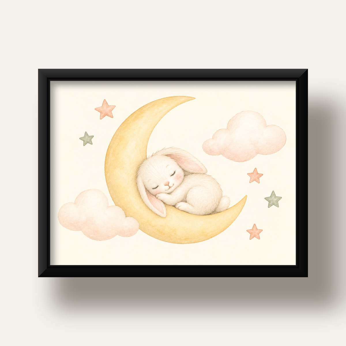 Uyuyan Tavşan ve Hilal Ay Suluboya Poster – Pastel Bebek Odası — siyah derin çerçeveli