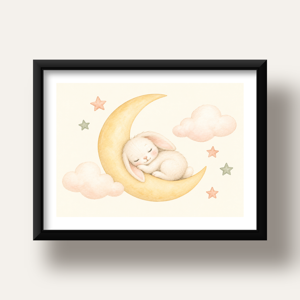Uyuyan Tavşan ve Hilal Ay Suluboya Poster – Pastel Bebek Odası — siyah derin çerçeveli paspartulu