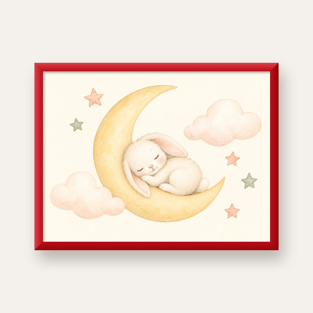 Uyuyan Tavşan ve Hilal Ay Suluboya Poster – Pastel Bebek Odası — kırmızı çerçeveli