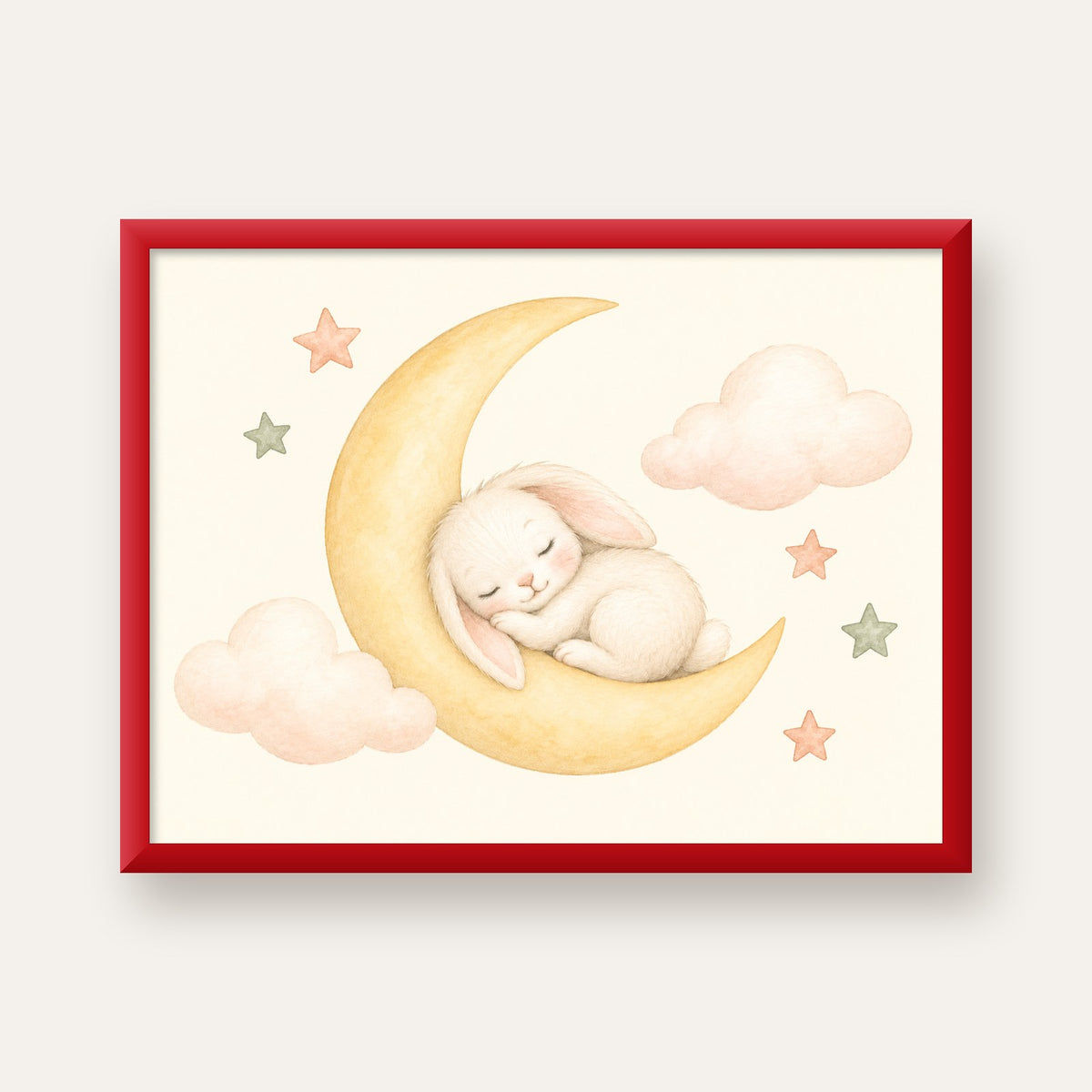 Uyuyan Tavşan ve Hilal Ay Suluboya Poster – Pastel Bebek Odası — kırmızı çerçeveli
