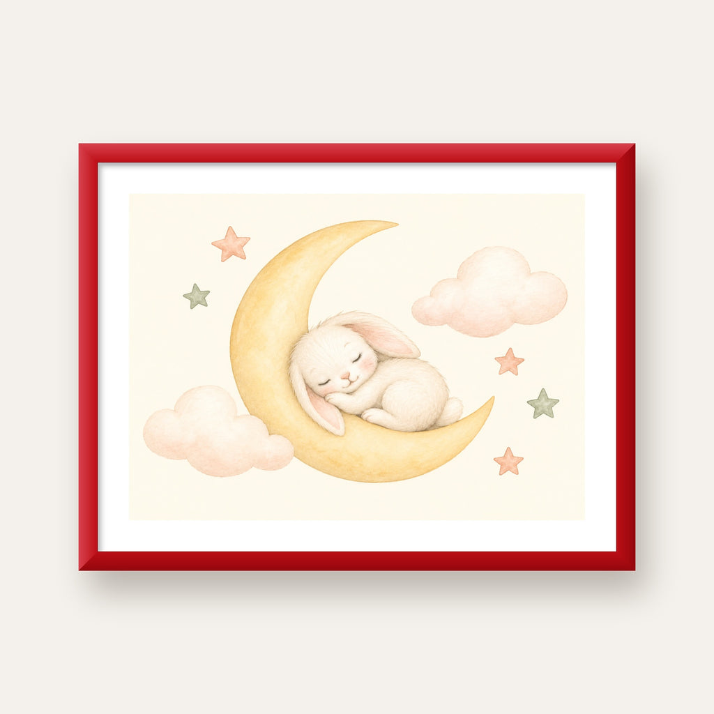 Uyuyan Tavşan ve Hilal Ay Suluboya Poster – Pastel Bebek Odası — kırmızı çerçeveli paspartulu