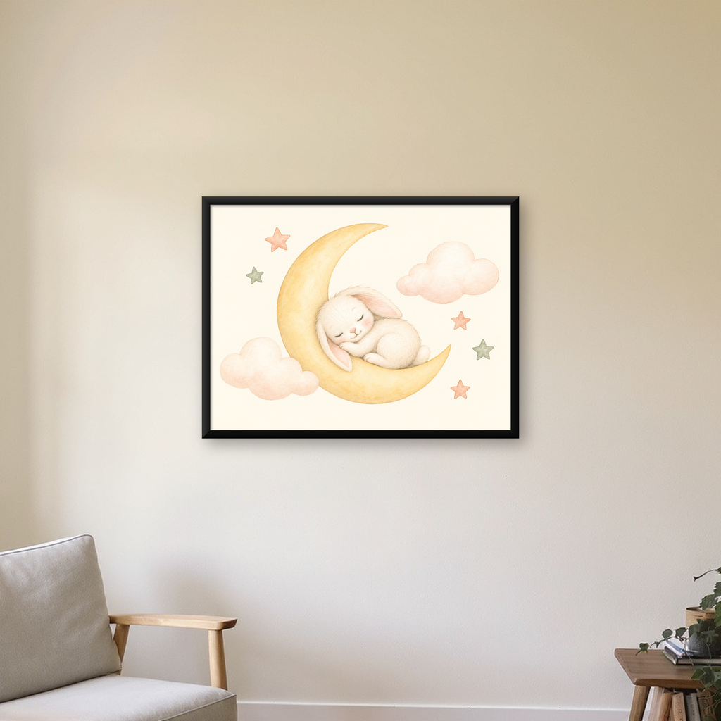 Uyuyan Tavşan ve Hilal Ay Suluboya Poster – Pastel Bebek Odası — Yatay baskı, çerçeveli hâliyle bir ev duvarında