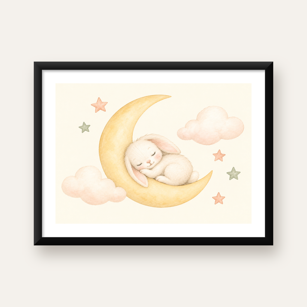 Uyuyan Tavşan ve Hilal Ay Suluboya Poster – Pastel Bebek Odası — Yatay baskı, beyaz paspartulu