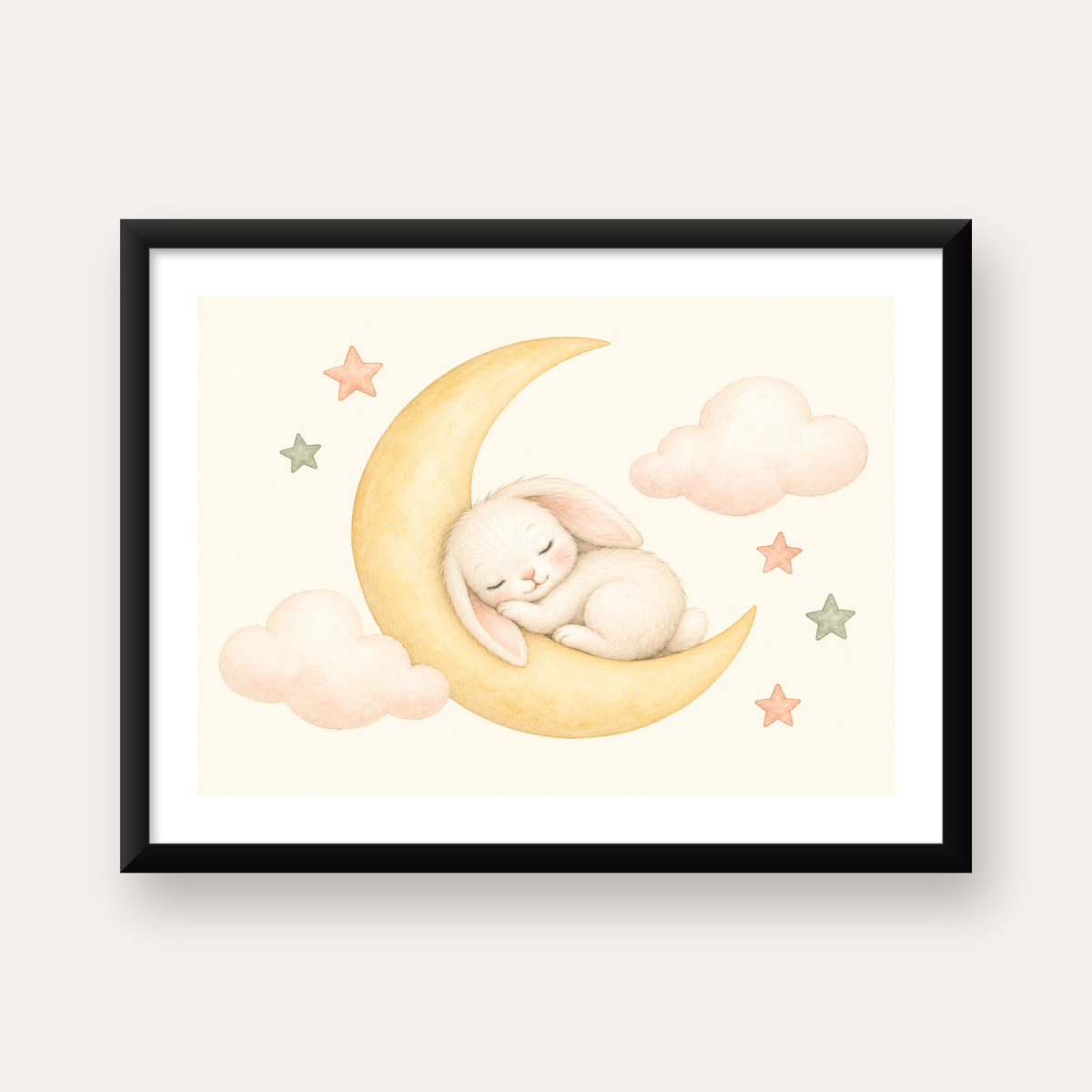 Uyuyan Tavşan ve Hilal Ay Suluboya Poster – Pastel Bebek Odası — Yatay baskı, beyaz paspartulu