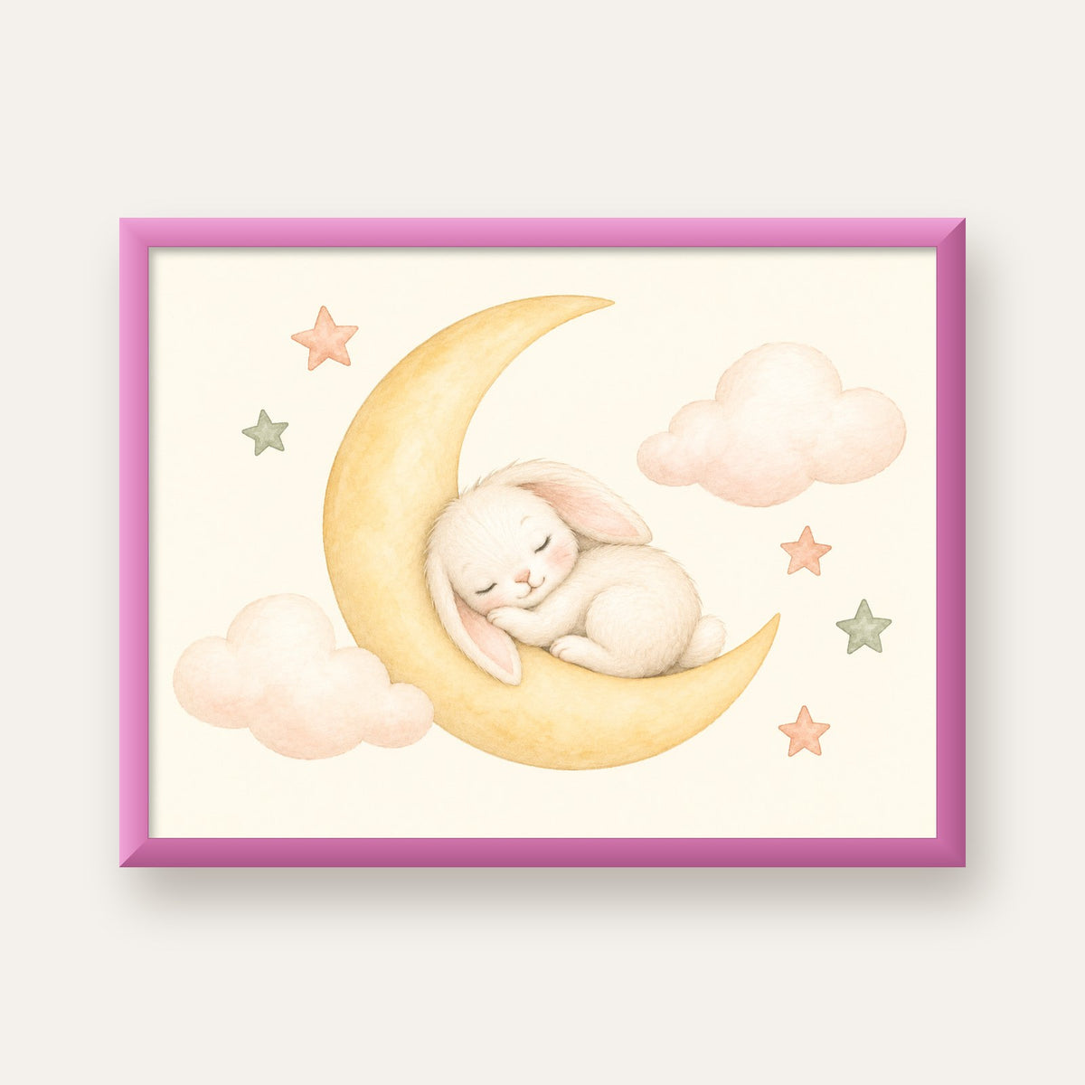 Uyuyan Tavşan ve Hilal Ay Suluboya Poster – Pastel Bebek Odası — pembe çerçeveli