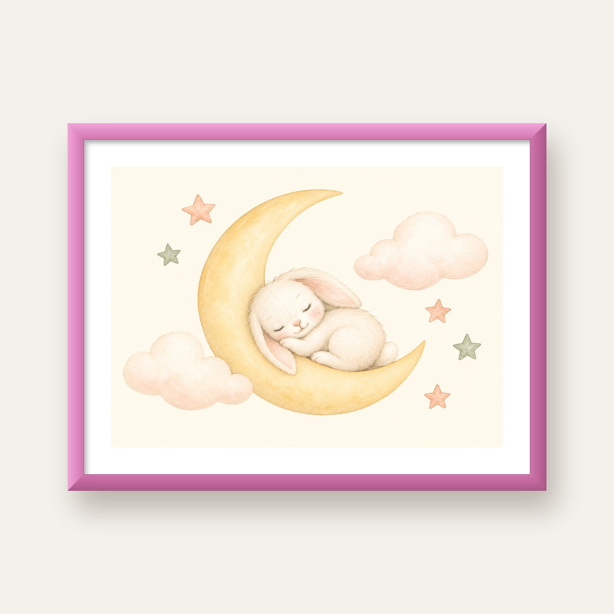 Uyuyan Tavşan ve Hilal Ay Suluboya Poster – Pastel Bebek Odası — pembe çerçeveli paspartulu