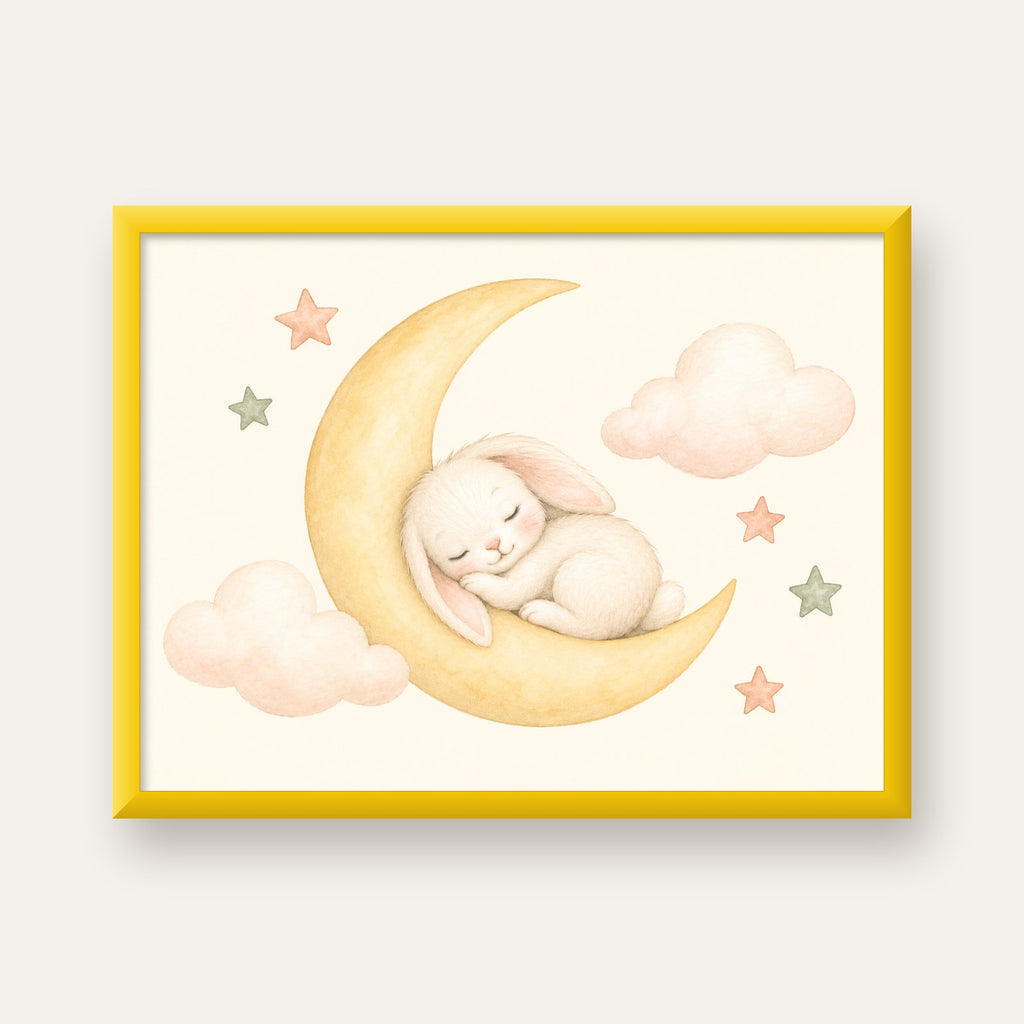 Uyuyan Tavşan ve Hilal Ay Suluboya Poster – Pastel Bebek Odası — sarı çerçeveli