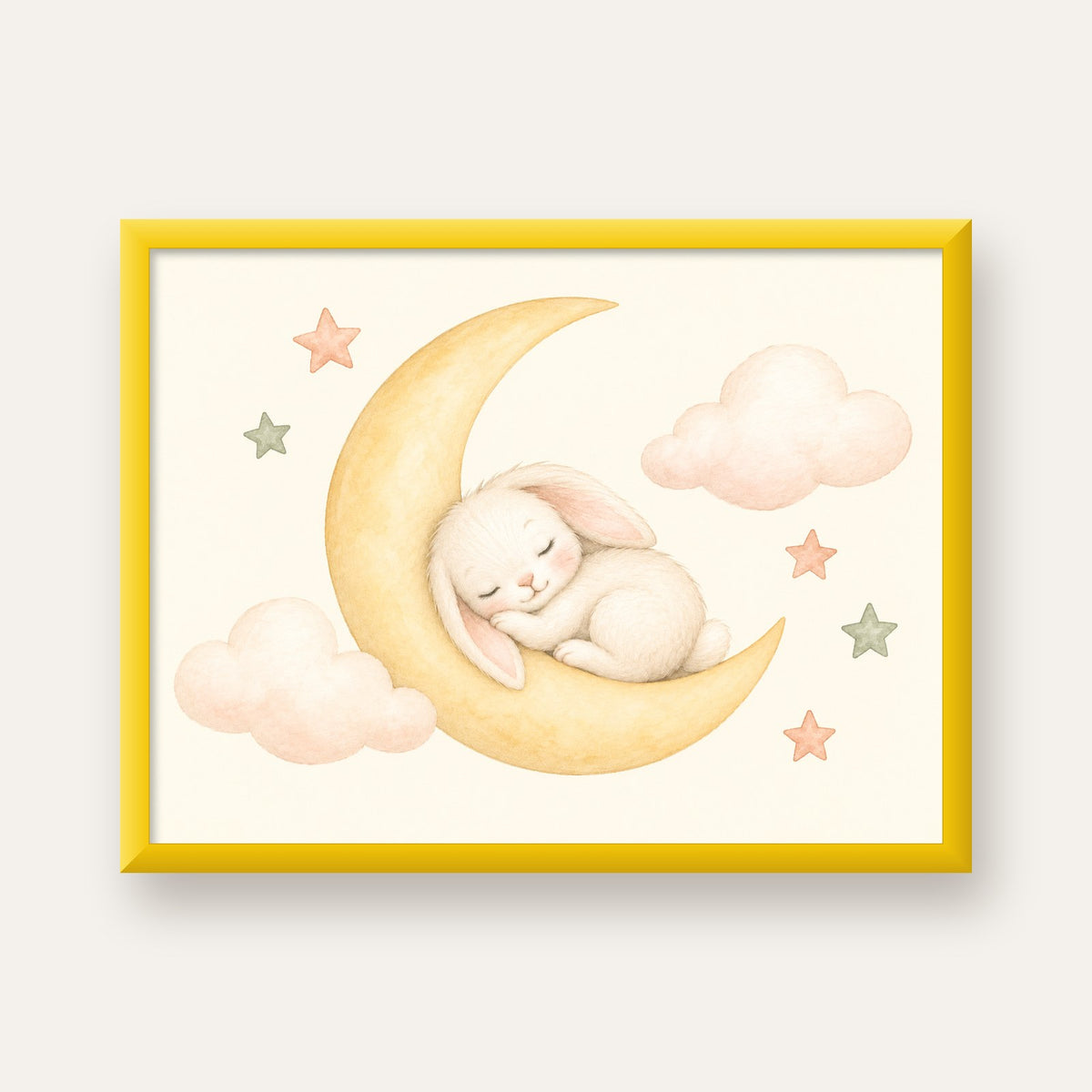 Uyuyan Tavşan ve Hilal Ay Suluboya Poster – Pastel Bebek Odası — sarı çerçeveli