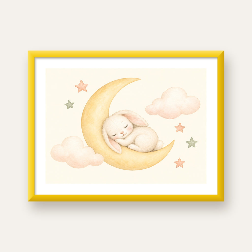 Uyuyan Tavşan ve Hilal Ay Suluboya Poster – Pastel Bebek Odası — sarı çerçeveli paspartulu