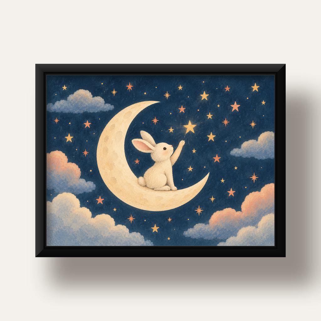 Ayda Yıldızlara Uzanan Tavşan Çocuk Odası Posteri — siyah derin çerçeveli