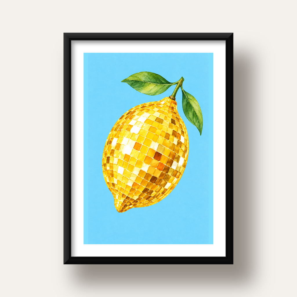 Ayna Mozaik Limon İllüstrasyon Poster – Suluboya Sanat Baskısı — siyah derin çerçeveli paspartulu