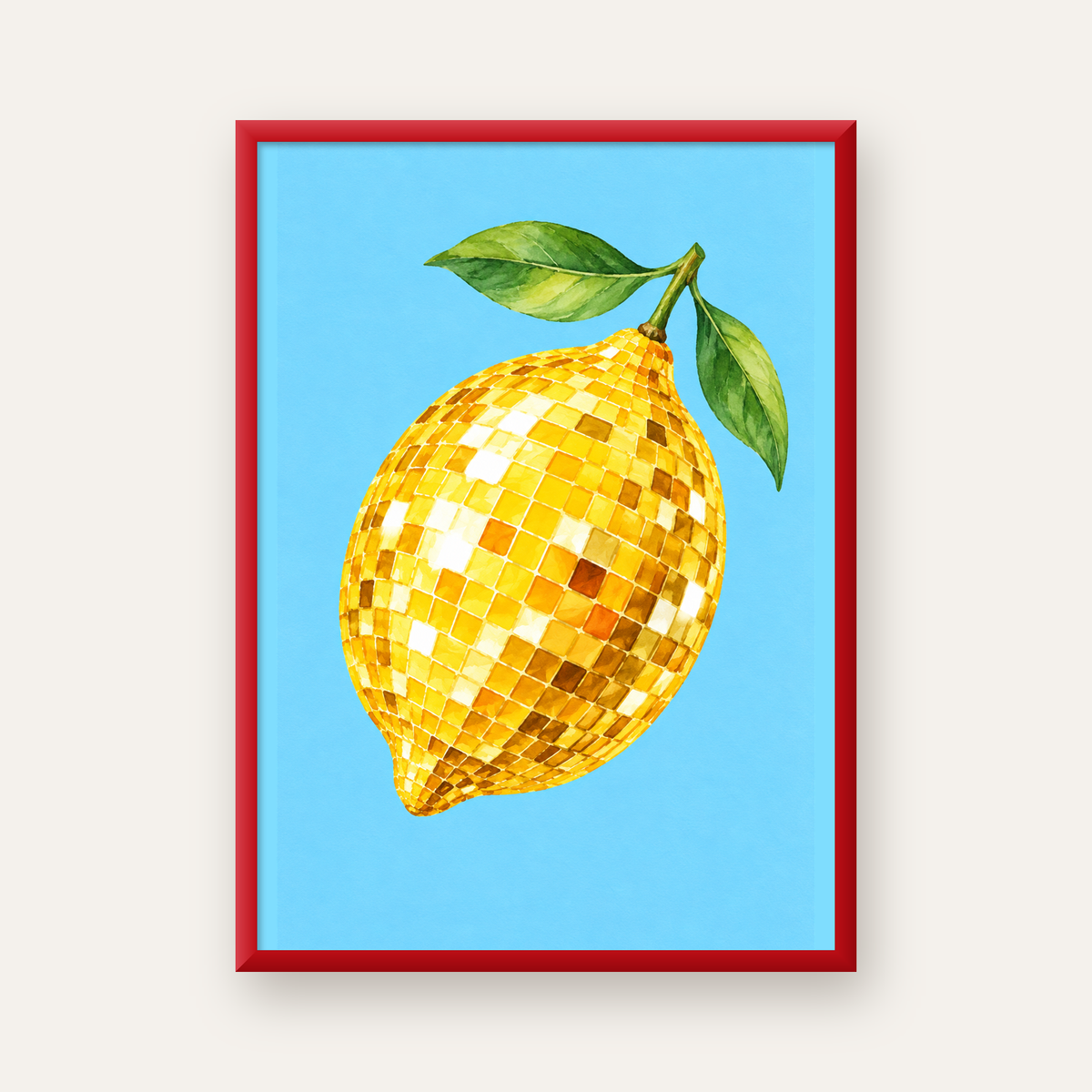 Ayna Mozaik Limon İllüstrasyon Poster – Suluboya Sanat Baskısı — kırmızı çerçeveli