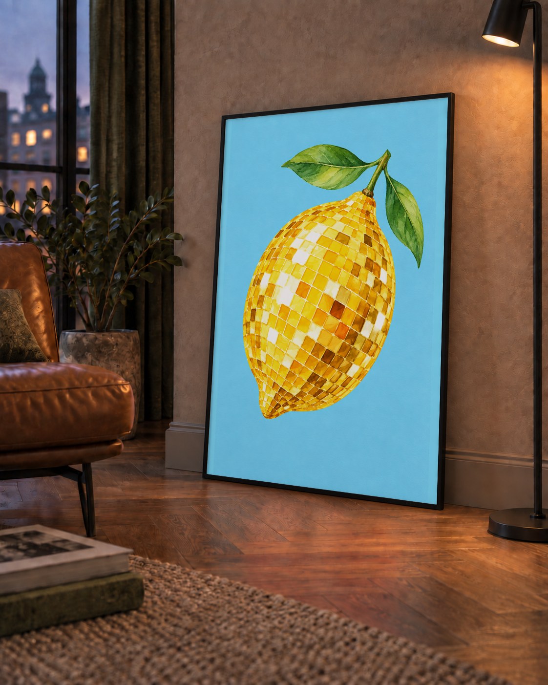 Ayna Mozaik Limon İllüstrasyon Poster – Suluboya Sanat Baskısı — çerçeveli hâliyle bir ev duvarında