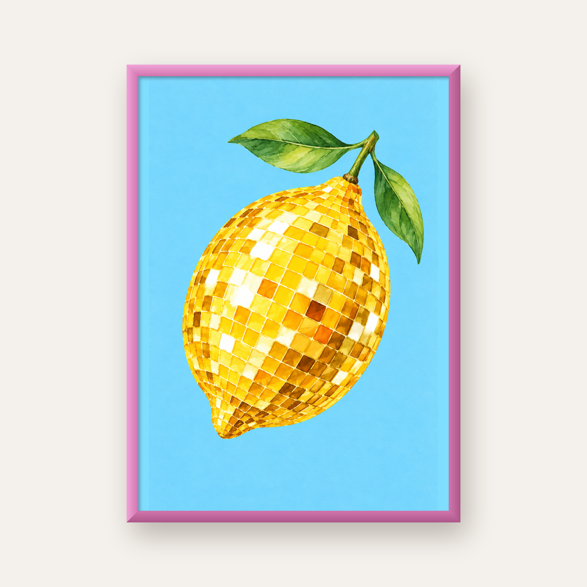 Ayna Mozaik Limon İllüstrasyon Poster – Suluboya Sanat Baskısı — pembe çerçeveli
