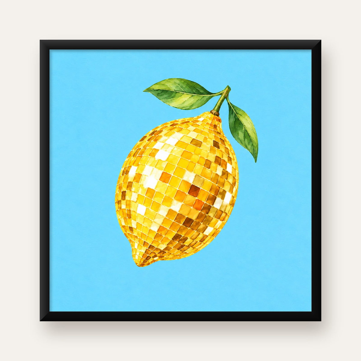 Ayna Mozaik Limon İllüstrasyon Poster – Suluboya Sanat Baskısı — Kare baskı, düz siyah çerçeveli duvar posteri