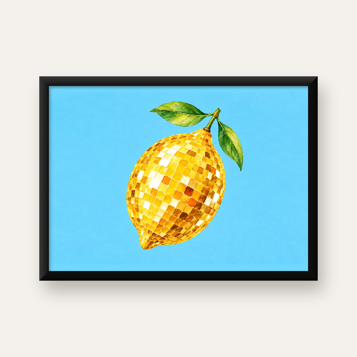 Ayna Mozaik Limon İllüstrasyon Poster – Suluboya Sanat Baskısı — Yatay baskı, düz siyah çerçeveli duvar posteri