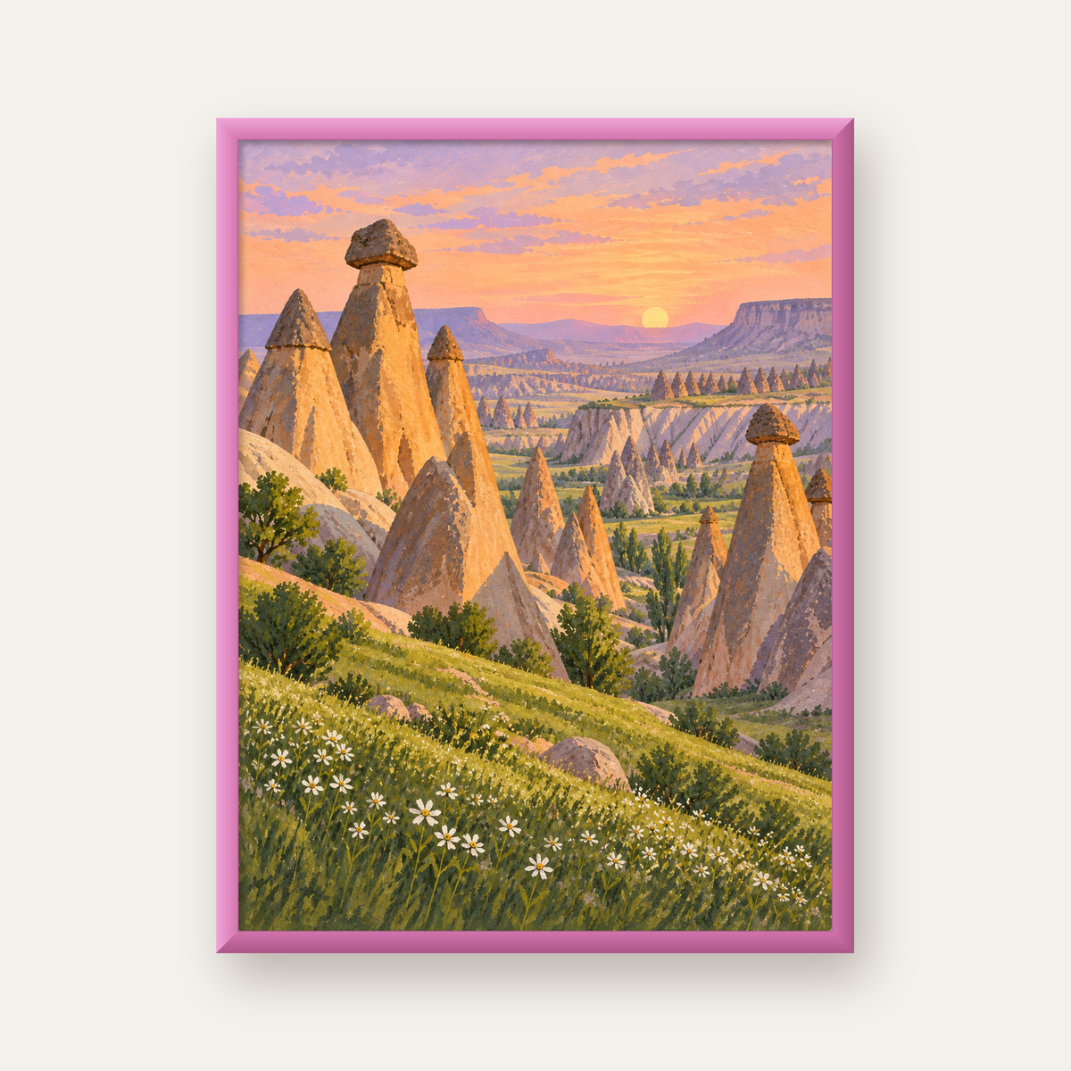 Kapadokya Peri Bacaları Manzaralı Pastoral Yağlı Boya Poster — pembe çerçeveli
