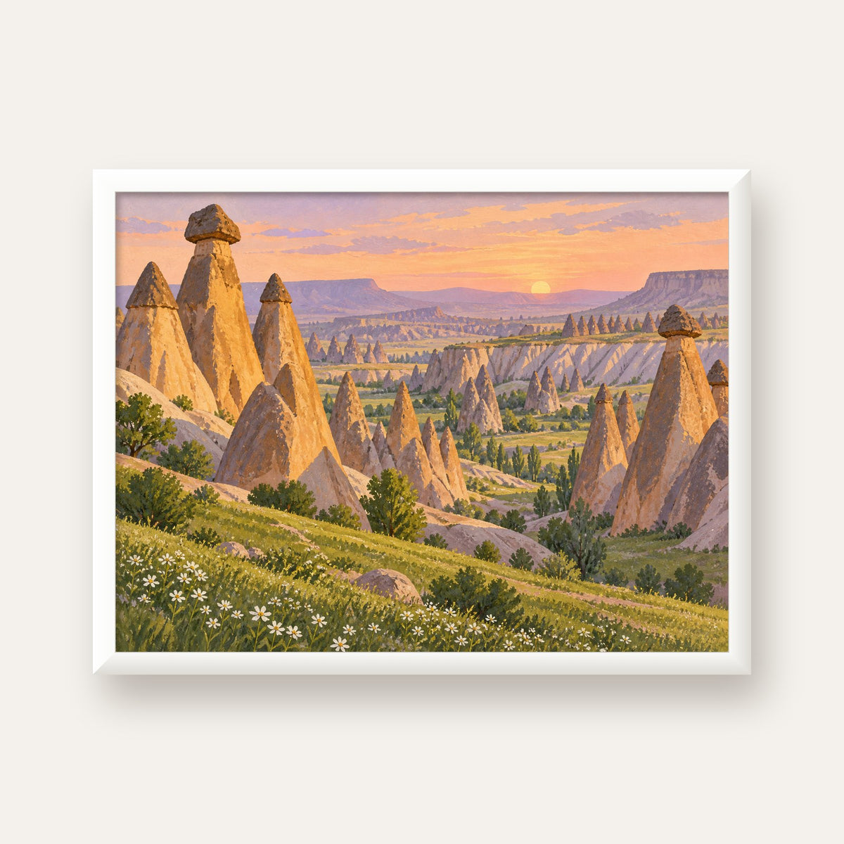 Kapadokya Peri Bacaları Manzaralı Pastoral Yağlı Boya Poster — beyaz çerçeveli yatay poster