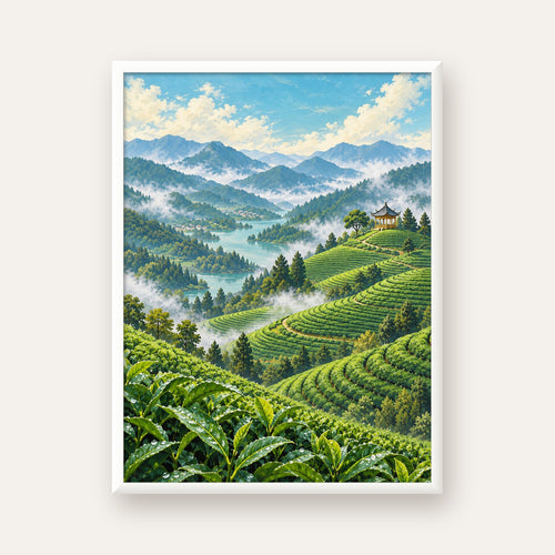 Çay Tarlası ve Dağ Manzaralı Dijital Sanat Poster — beyaz çerçeveli dikey poster