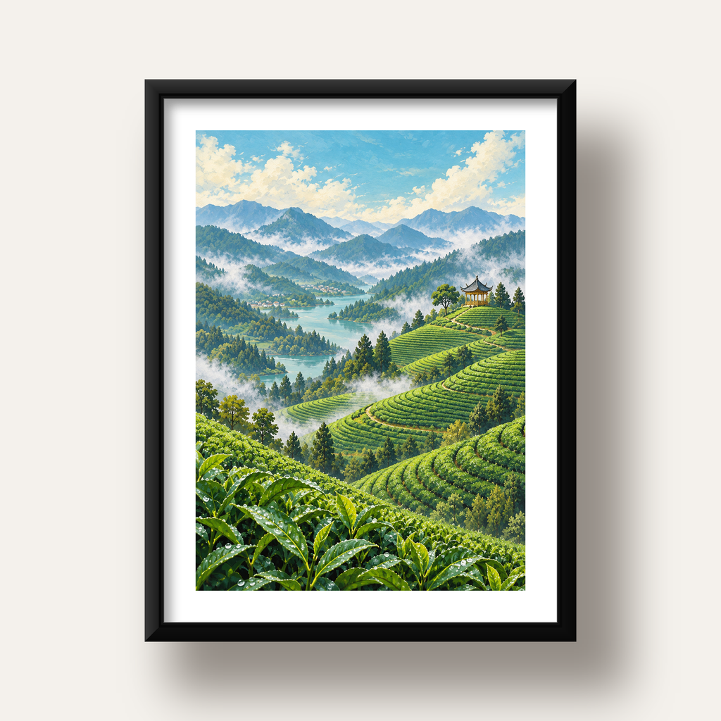 Çay Tarlası ve Dağ Manzaralı Dijital Sanat Poster — siyah derin çerçeveli paspartulu