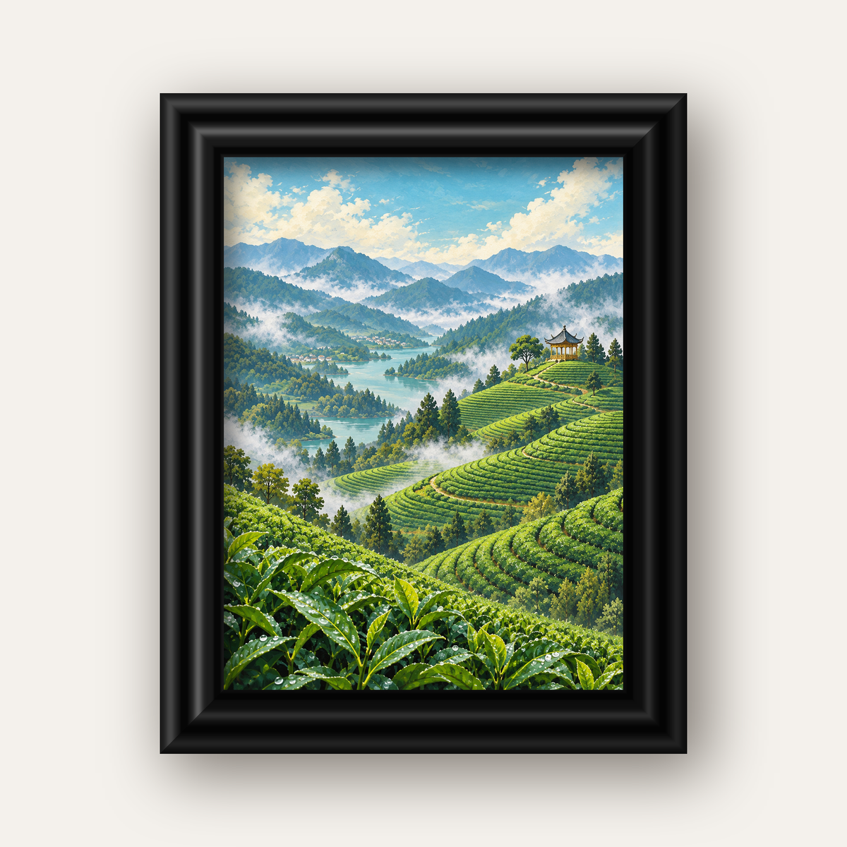 Çay Tarlası ve Dağ Manzaralı Dijital Sanat Poster — siyah galeri çerçeveli