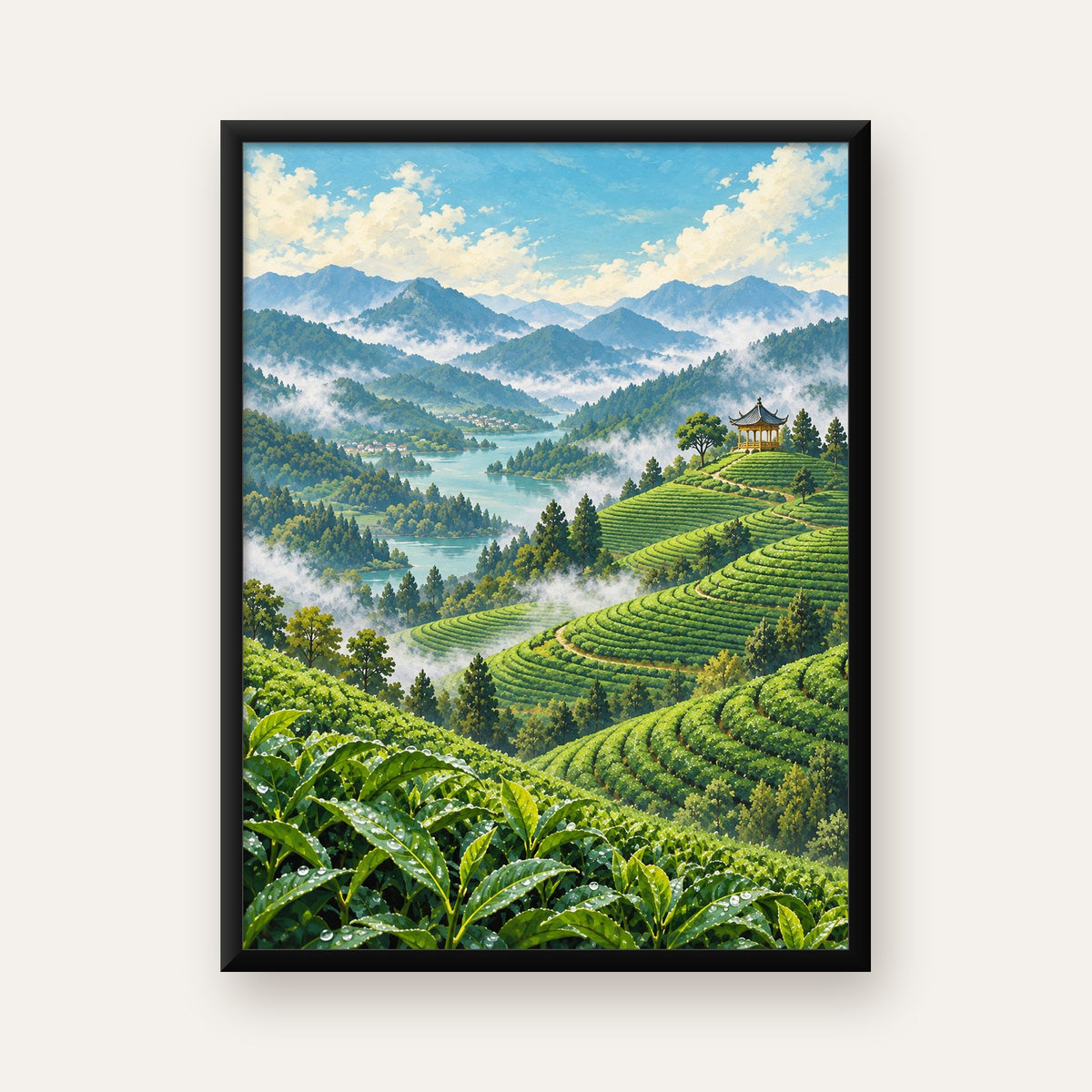 Çay Tarlası ve Dağ Manzaralı Dijital Sanat Poster — Dikey baskı, düz siyah çerçeveli duvar posteri