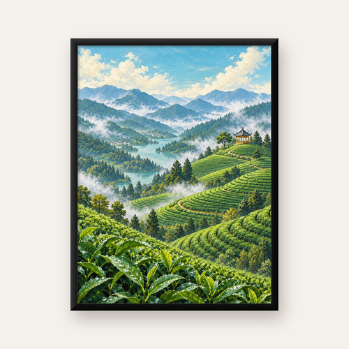 Çay Tarlası ve Dağ Manzaralı Dijital Sanat Poster — Dikey baskı, düz siyah çerçeveli duvar posteri