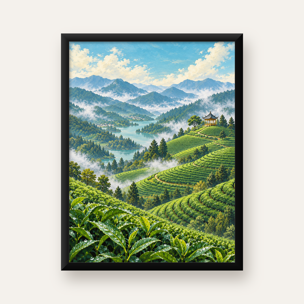 Çay Tarlası ve Dağ Manzaralı Dijital Sanat Poster — Dikey baskı, düz siyah çerçeveli duvar posteri