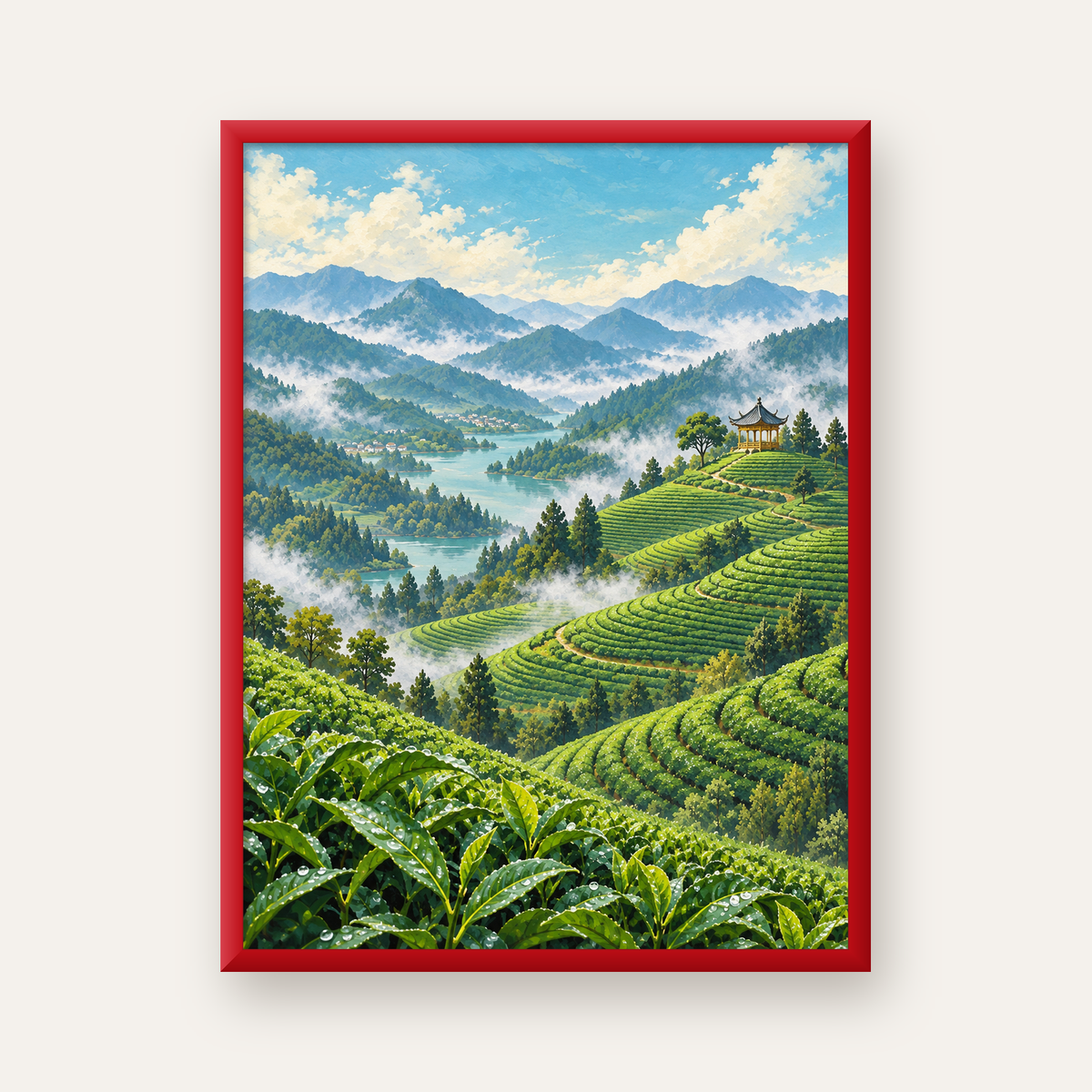 Çay Tarlası ve Dağ Manzaralı Dijital Sanat Poster — kırmızı çerçeveli