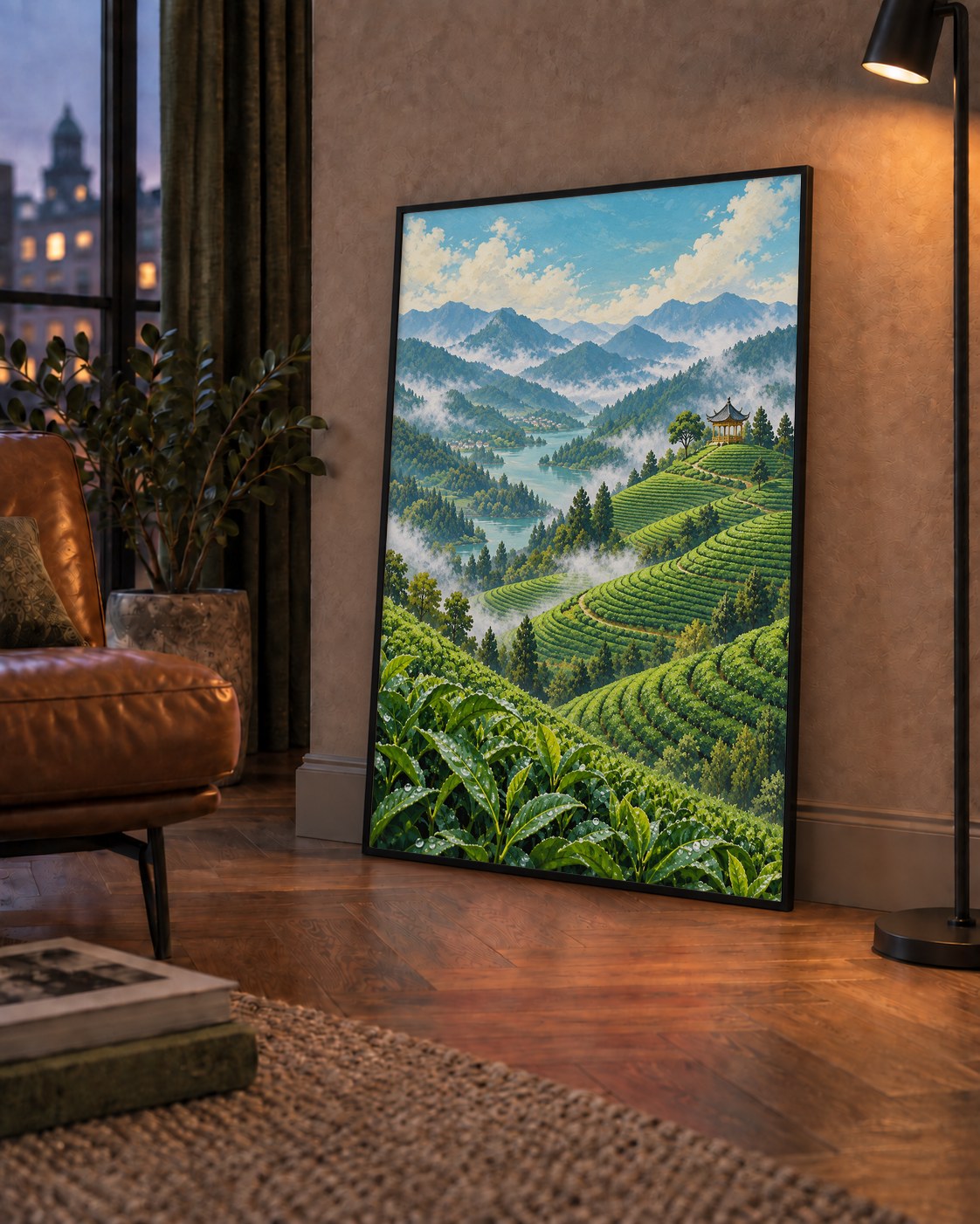 Çay Tarlası ve Dağ Manzaralı Dijital Sanat Poster — çerçeveli hâliyle bir ev duvarında