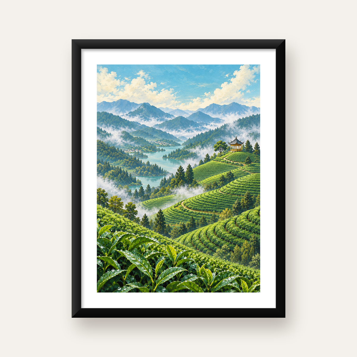 Çay Tarlası ve Dağ Manzaralı Dijital Sanat Poster — Dikey baskı, beyaz paspartulu