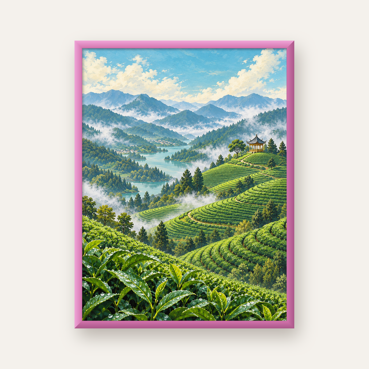 Çay Tarlası ve Dağ Manzaralı Dijital Sanat Poster — pembe çerçeveli