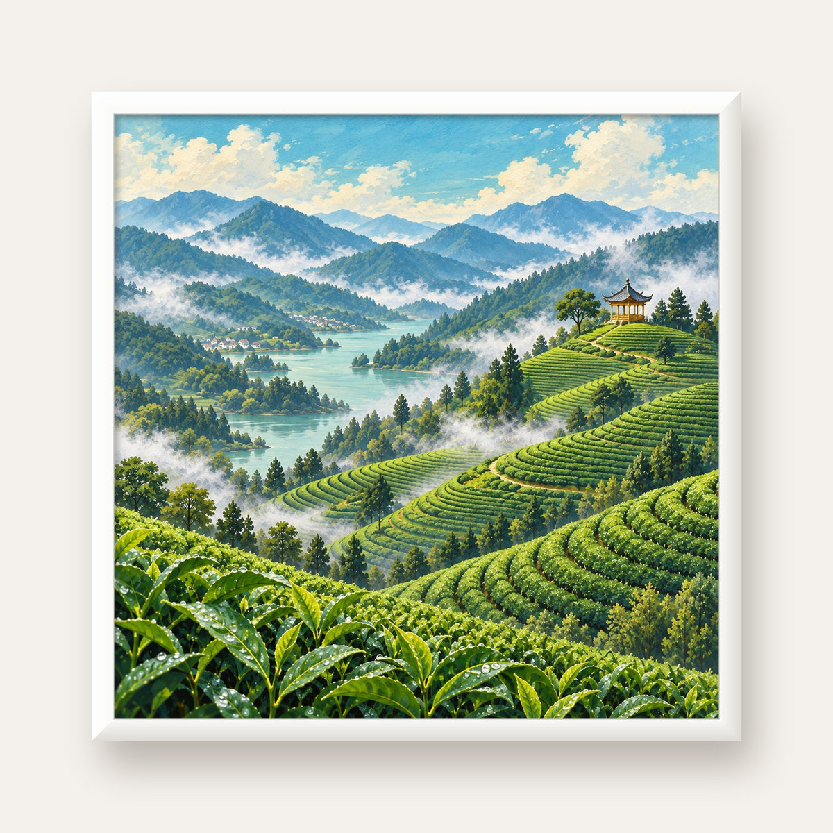 Çay Tarlası ve Dağ Manzaralı Dijital Sanat Poster — beyaz çerçeveli kare poster