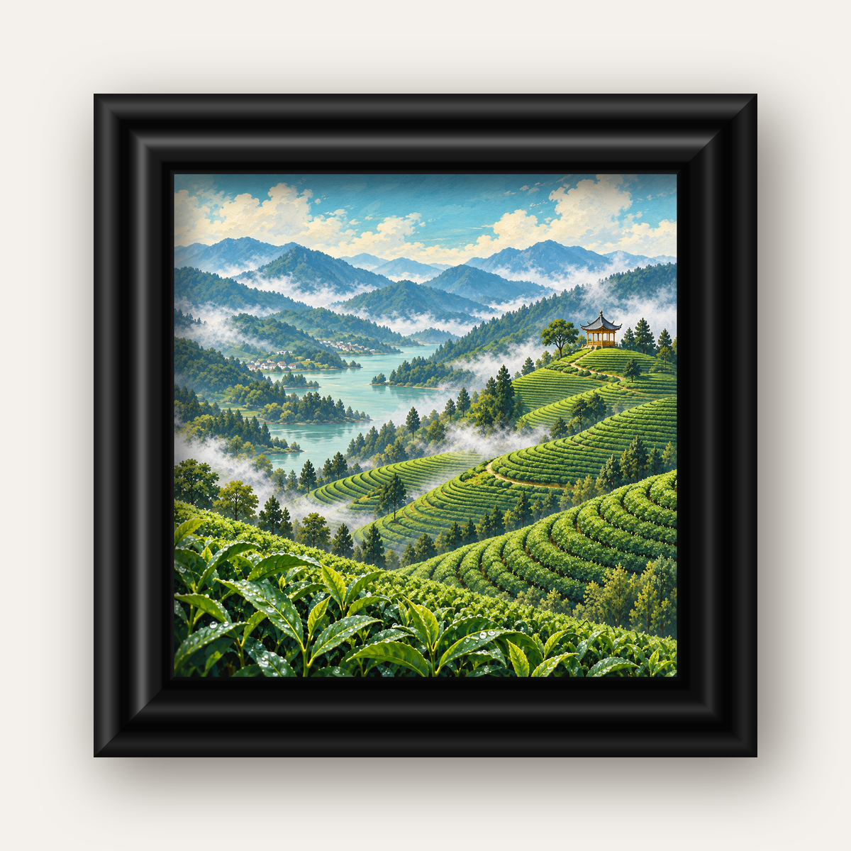 Çay Tarlası ve Dağ Manzaralı Dijital Sanat Poster — siyah galeri çerçeveli