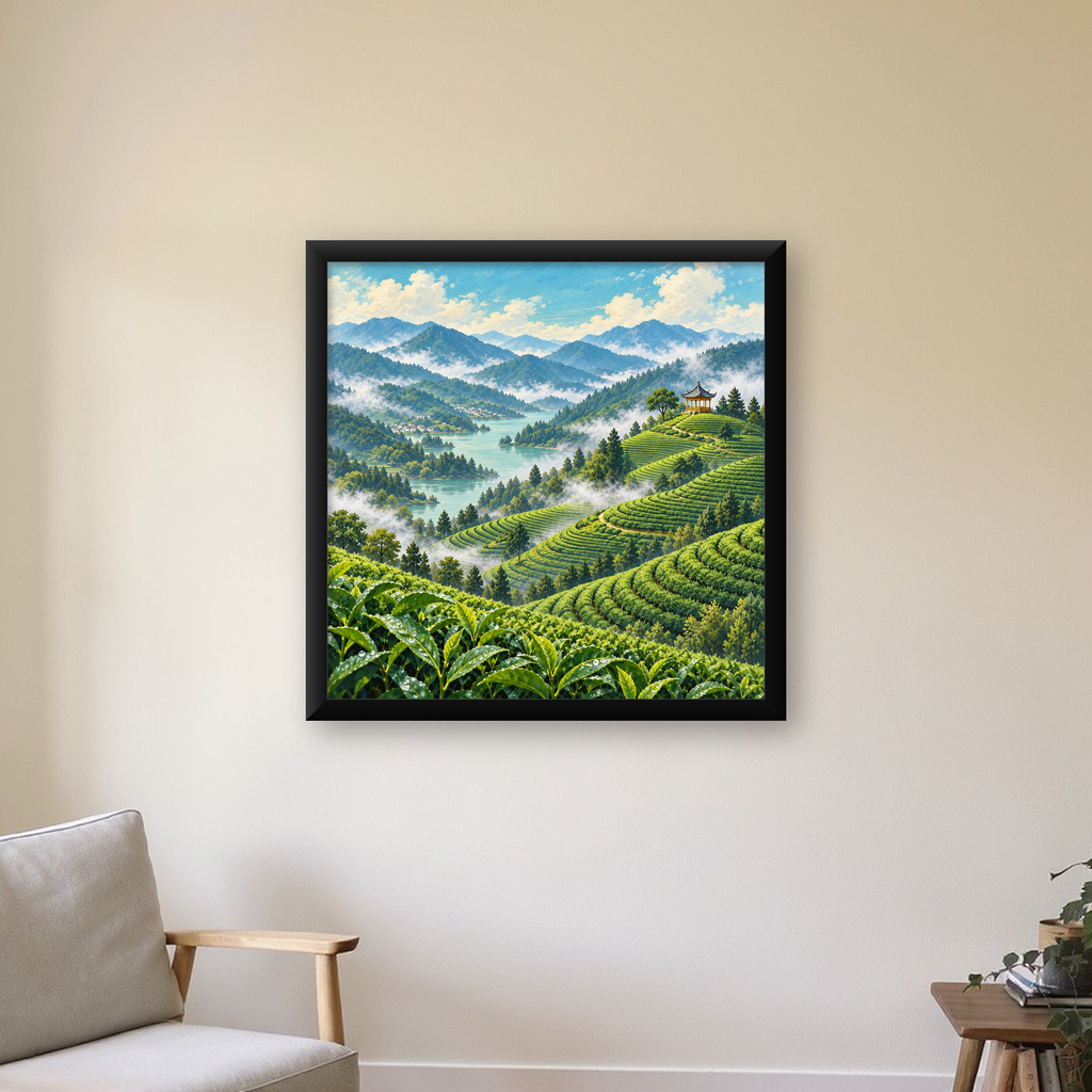 Çay Tarlası ve Dağ Manzaralı Dijital Sanat Poster — Kare baskı, çerçeveli hâliyle bir ev duvarında