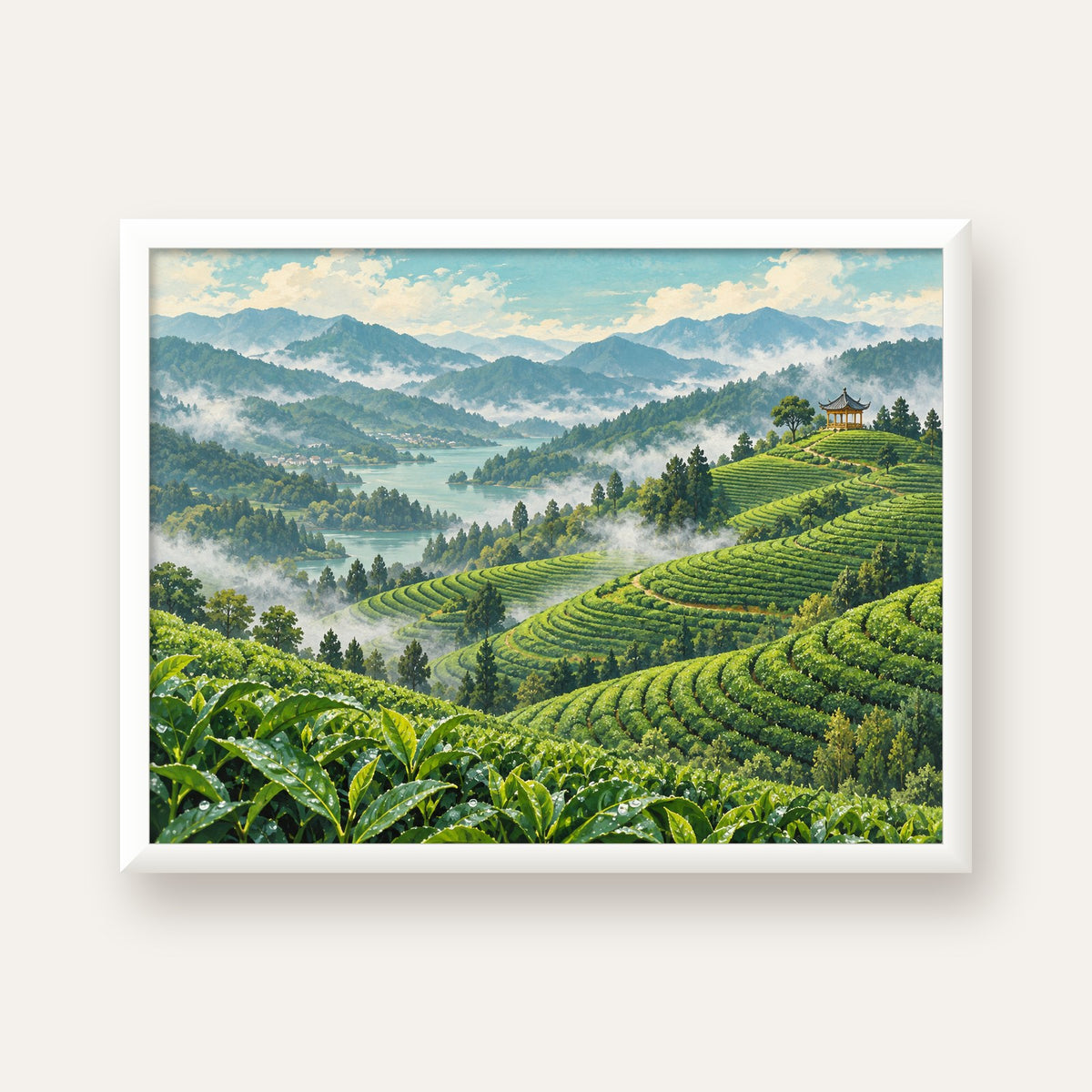 Çay Tarlası ve Dağ Manzaralı Dijital Sanat Poster — beyaz çerçeveli yatay poster