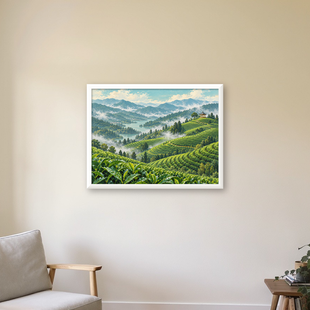 Çay Tarlası ve Dağ Manzaralı Dijital Sanat Poster — beyaz çerçeveli yatay poster