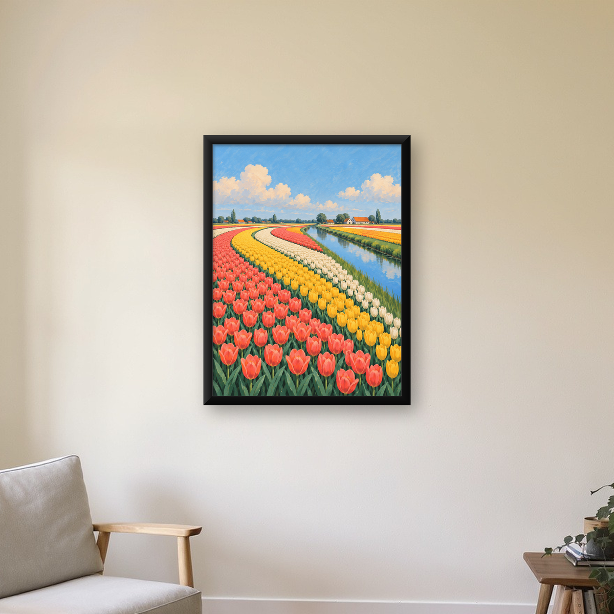 Renkli Lale Tarlası Manzarası İle Canlı Sanat Poster Baskısı — Dikey baskı, çerçeveli hâliyle bir ev duvarında