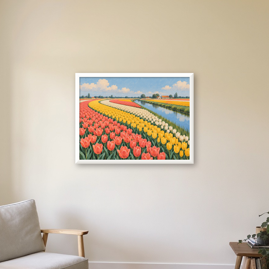 Renkli Lale Tarlası Manzarası İle Canlı Sanat Poster Baskısı — beyaz çerçeveli yatay poster