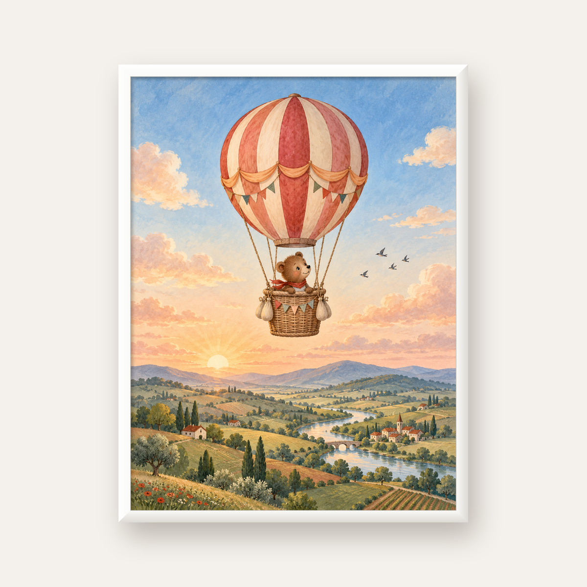 Balonla Yolculuk Yapan Ayı Çocuk Odası Posteri — beyaz çerçeveli dikey poster