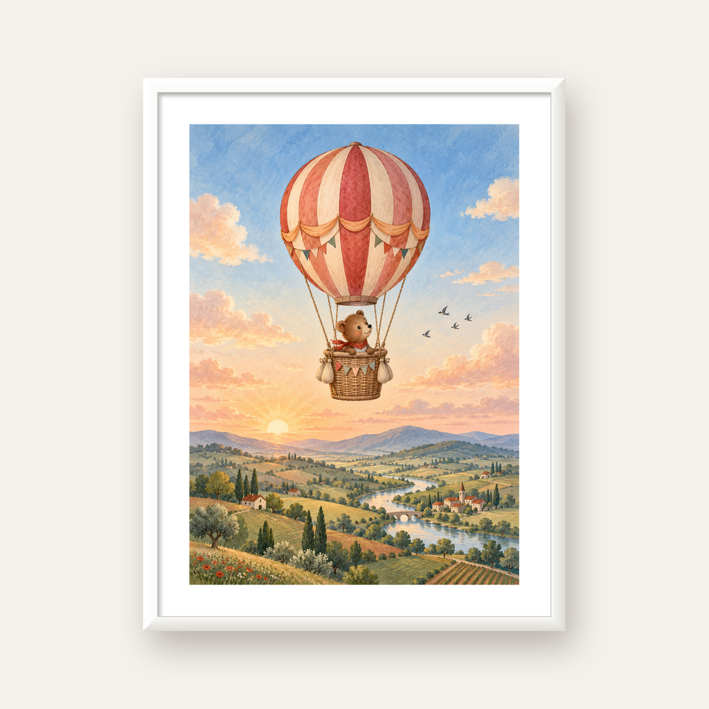 Balonla Yolculuk Yapan Ayı Çocuk Odası Posteri — beyaz çerçeveli dikey poster