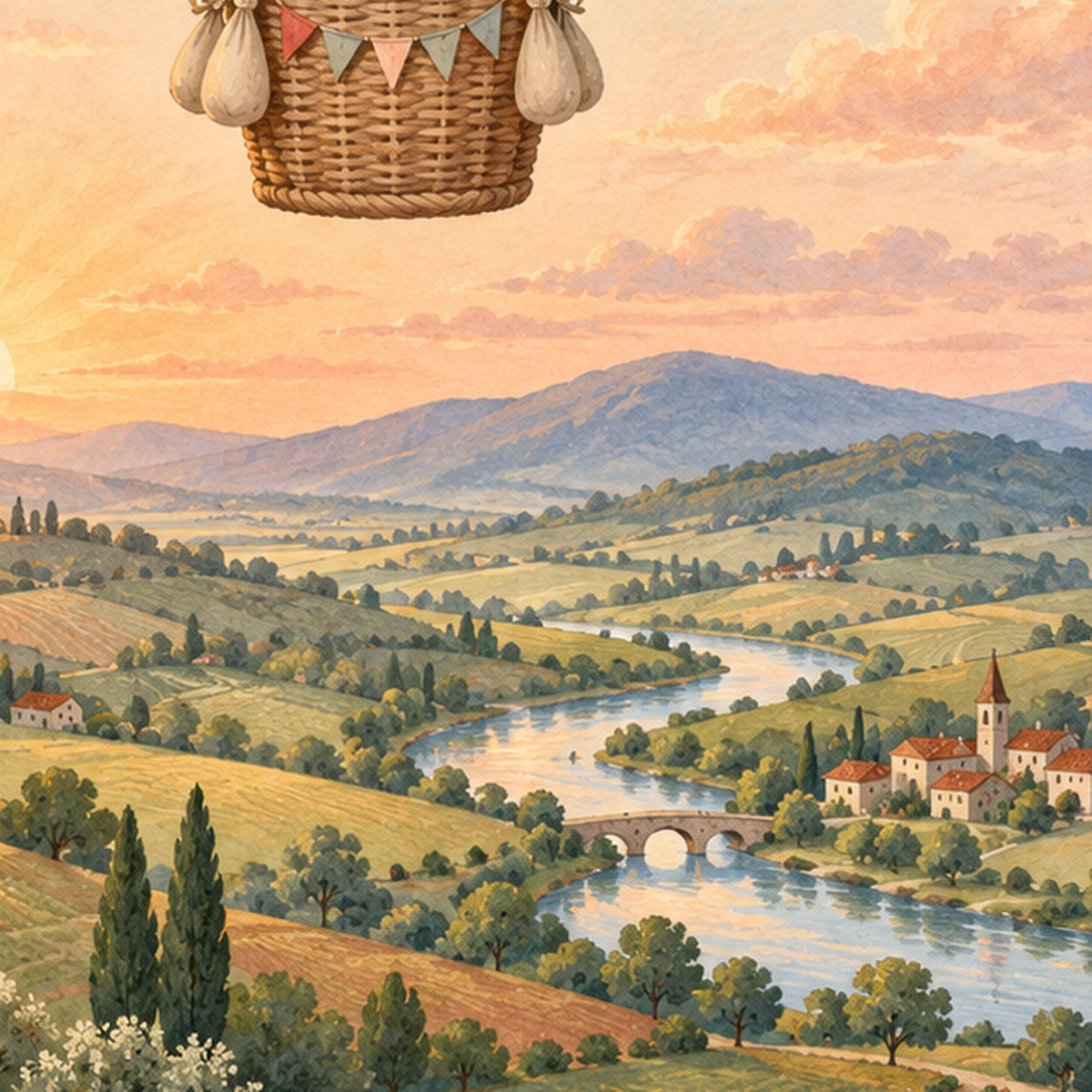 Sıcak Hava Balonunda Sevimli Ayıcık Suluboya Poster — baskının yakın çekimi, kâğıt dokusu ve renk detayı