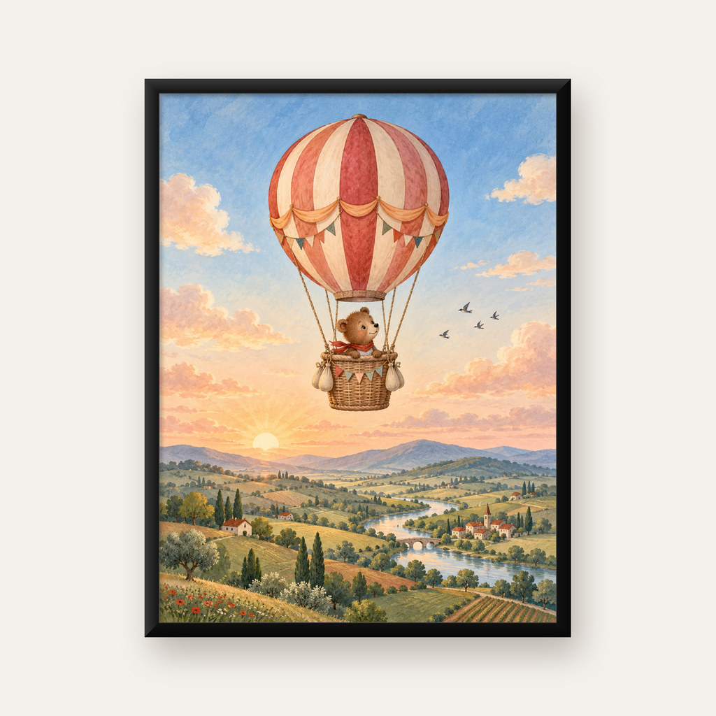 Sıcak Hava Balonunda Sevimli Ayıcık Suluboya Poster — Dikey baskı, düz siyah çerçeveli duvar posteri