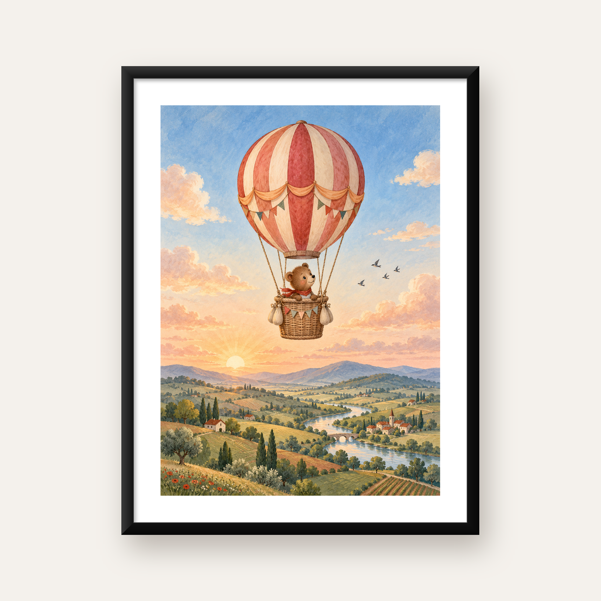 Sıcak Hava Balonunda Sevimli Ayıcık Suluboya Poster — Dikey baskı, beyaz kenar boşluklu
