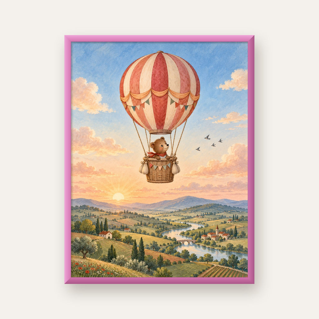 Balonla Yolculuk Yapan Ayı Çocuk Odası Posteri — pembe çerçeveli