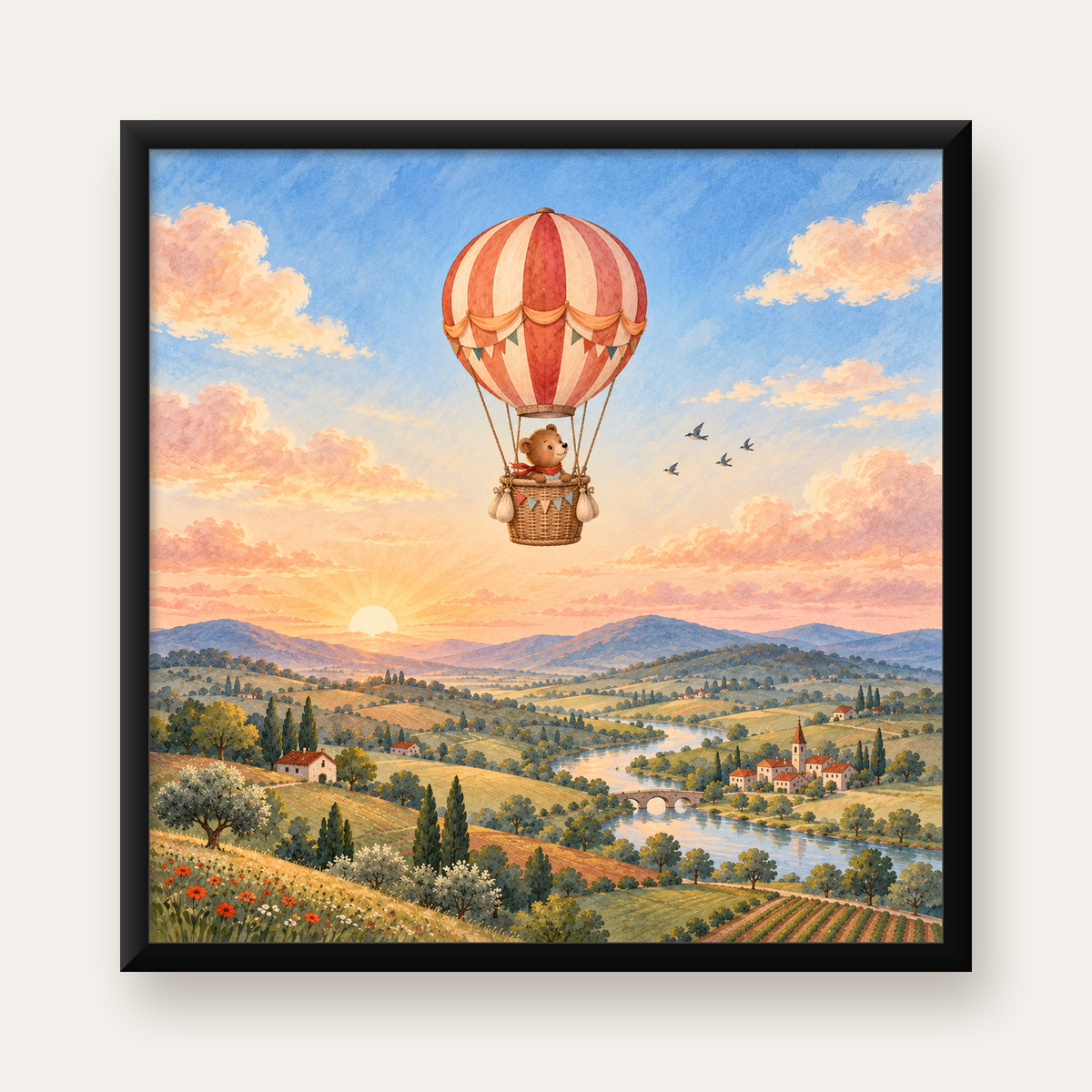 Sıcak Hava Balonunda Sevimli Ayıcık Suluboya Poster — Kare baskı, düz siyah çerçeveli duvar posteri