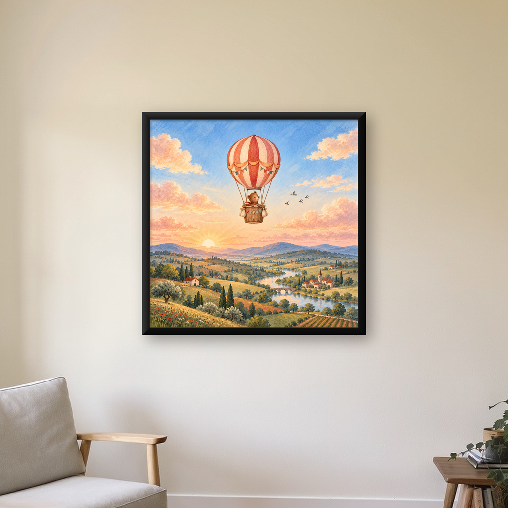 Sıcak Hava Balonunda Sevimli Ayıcık Suluboya Poster — Kare baskı, çerçeveli hâliyle bir ev duvarında