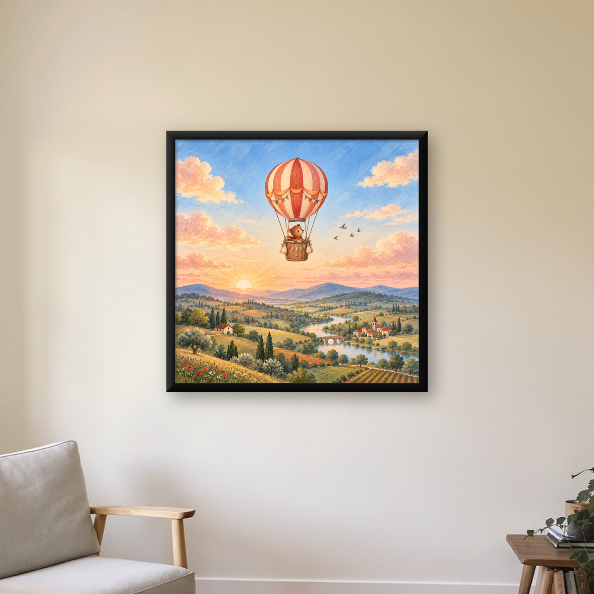 Sıcak Hava Balonunda Sevimli Ayıcık Suluboya Poster — Kare baskı, çerçeveli hâliyle bir ev duvarında