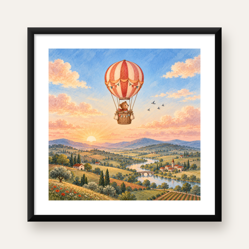Sıcak Hava Balonunda Sevimli Ayıcık Suluboya Poster — Kare baskı, beyaz kenar boşluklu